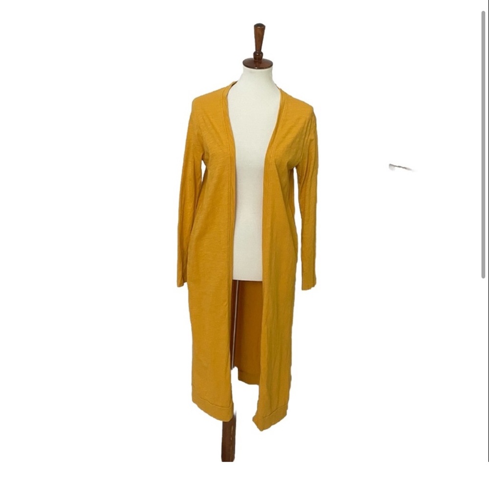 Three Bird Nest Cardigan Duster Sweater Long Pockets Lightweight Mustard Yellow